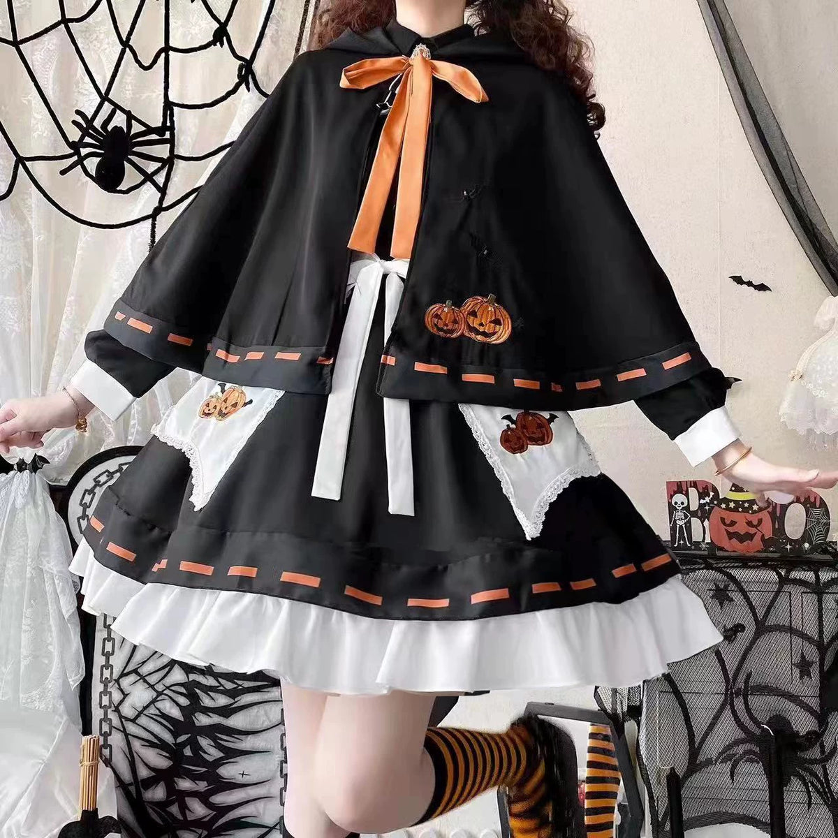 Little Witch - Halloween Gothic Lolita OP Dress Set, Pumpkin & Bat Embroidery
