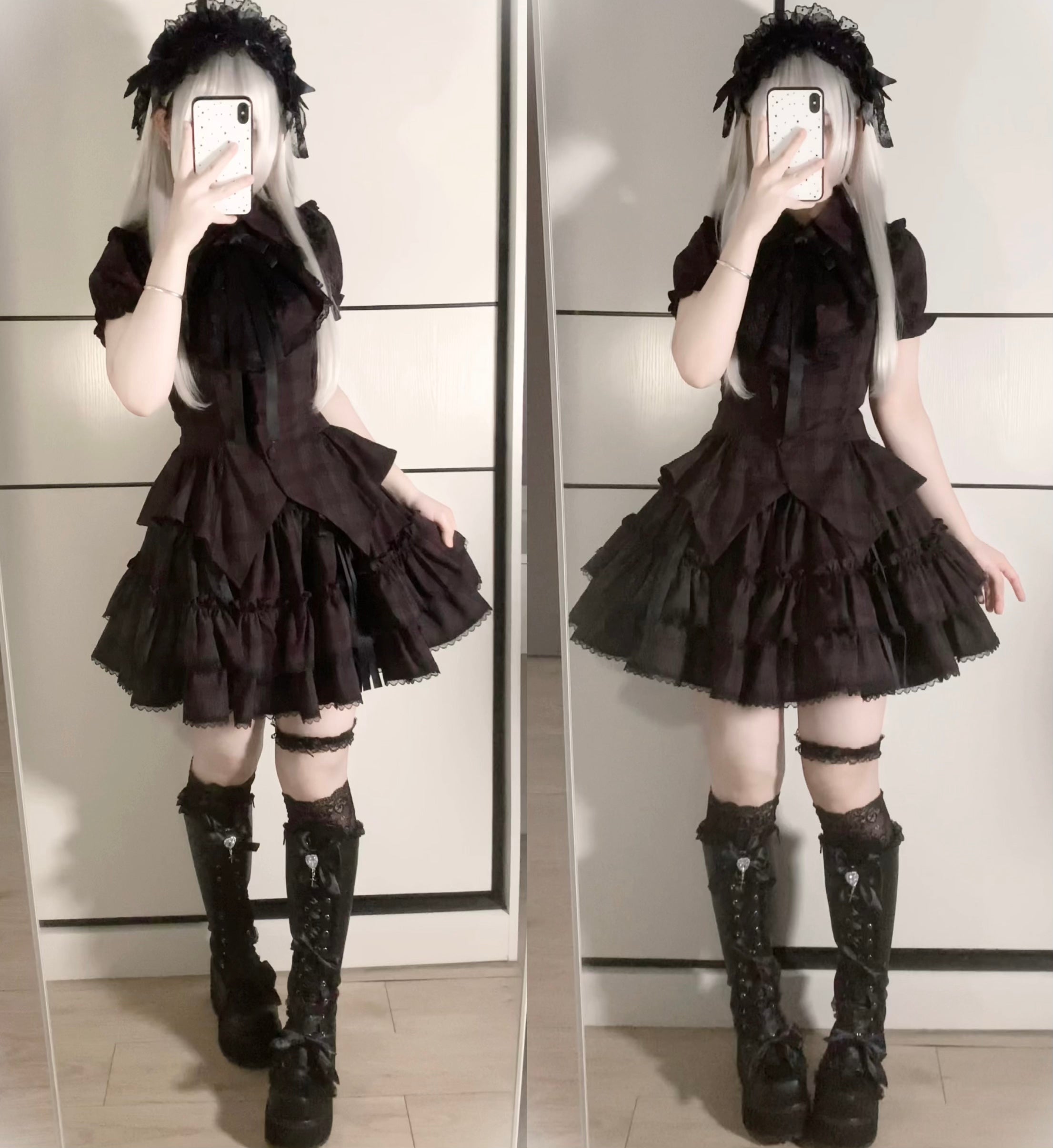 Lyra Nocturne - Gothic Lolita Slanted Placket Shirt Set, Plaid or Striped