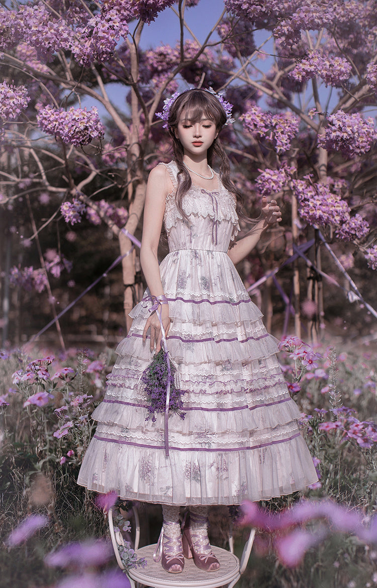 Avenue Denfer~Floral Veil~Elegant Lolita JSK Suit Floral Print Dress and Tulle Shawl