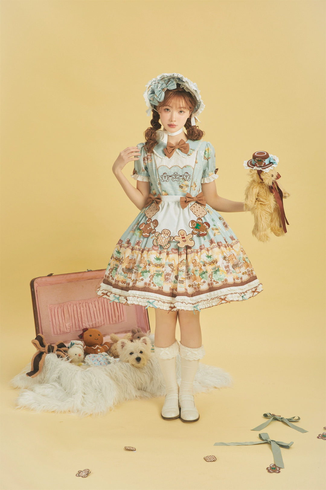 Babyblue~Little Bear Honey Jar~Kawaii Lolita Short Sleeve OP Gingerbread Man Embroidered Dress   