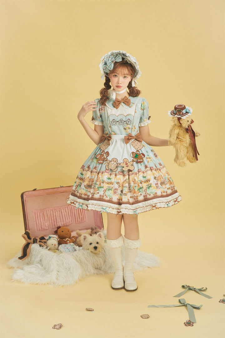 Babyblue~Little Bear Honey Jar~Kawaii Lolita Short Sleeve OP Gingerbread Man Embroidered Dress