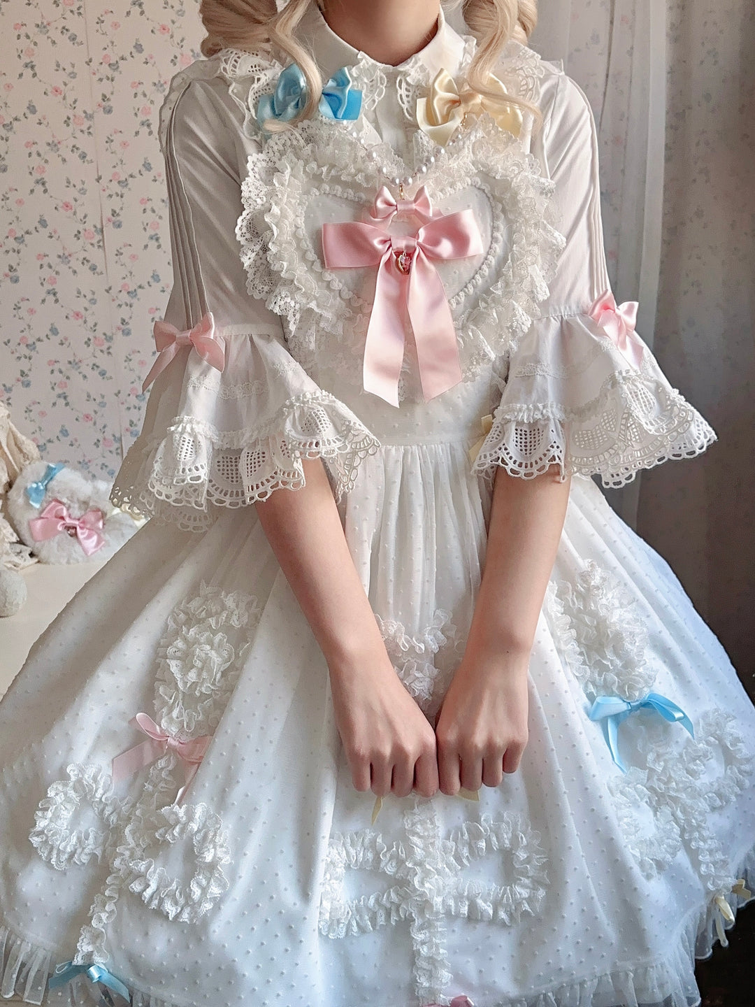 Vcastle~Sweet Crepes~Sweet Lolita Shirt with Princess Sleeves and Bow Chain