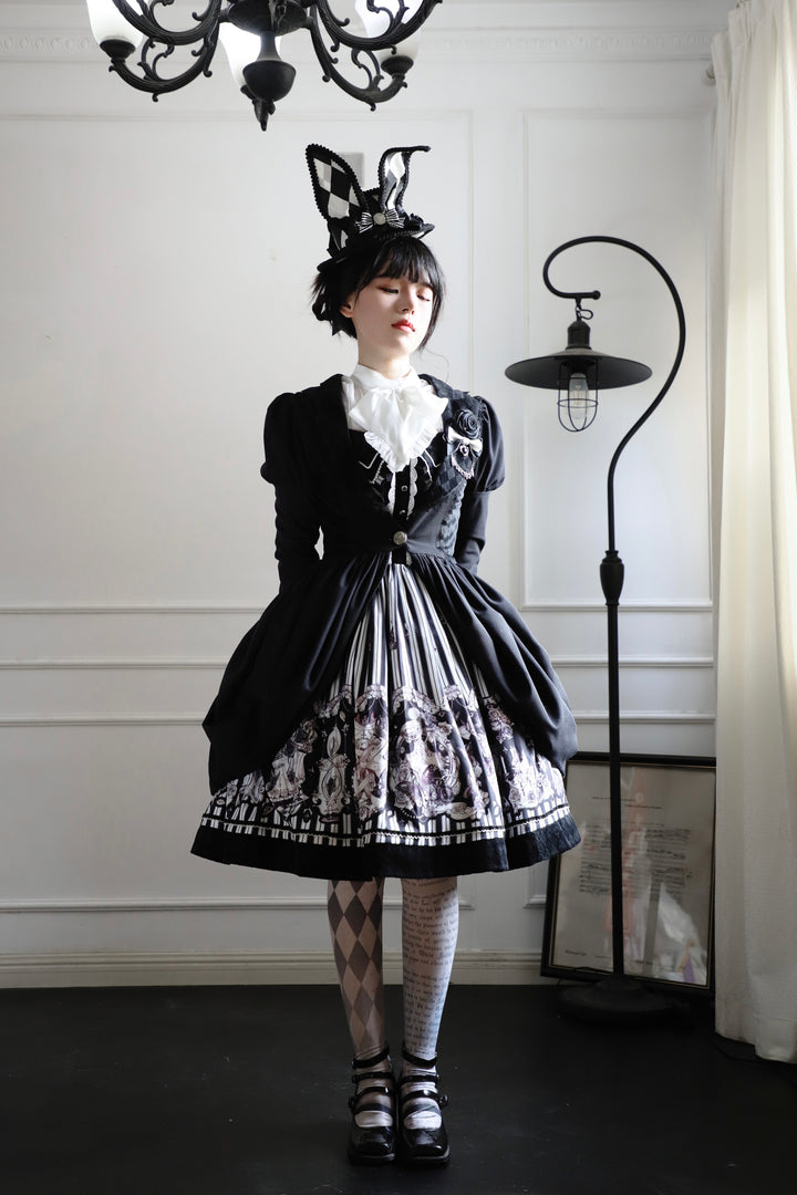 (Buyforme)Little Bear~Gothic Lolita Black and White Striped JSK Set   