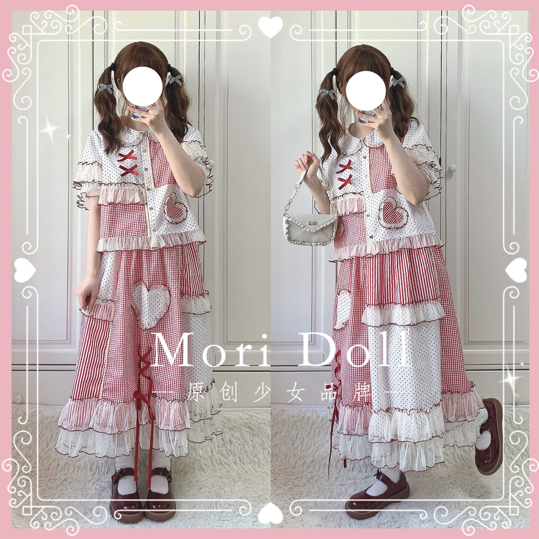 Mori Doll~Peach Tea~Sweet Lolita Dot and Stripe Print Short Sleeve Blouse