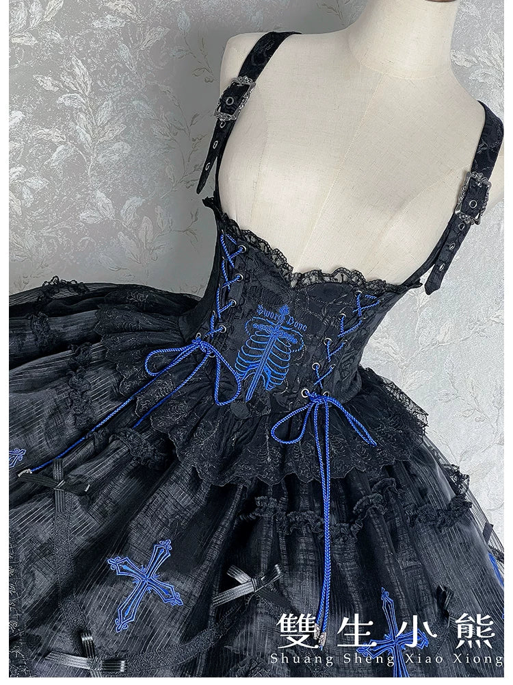 Dark Fog Feast - Gothic Lolita Bust-support Strap Dress, Lace & Cross