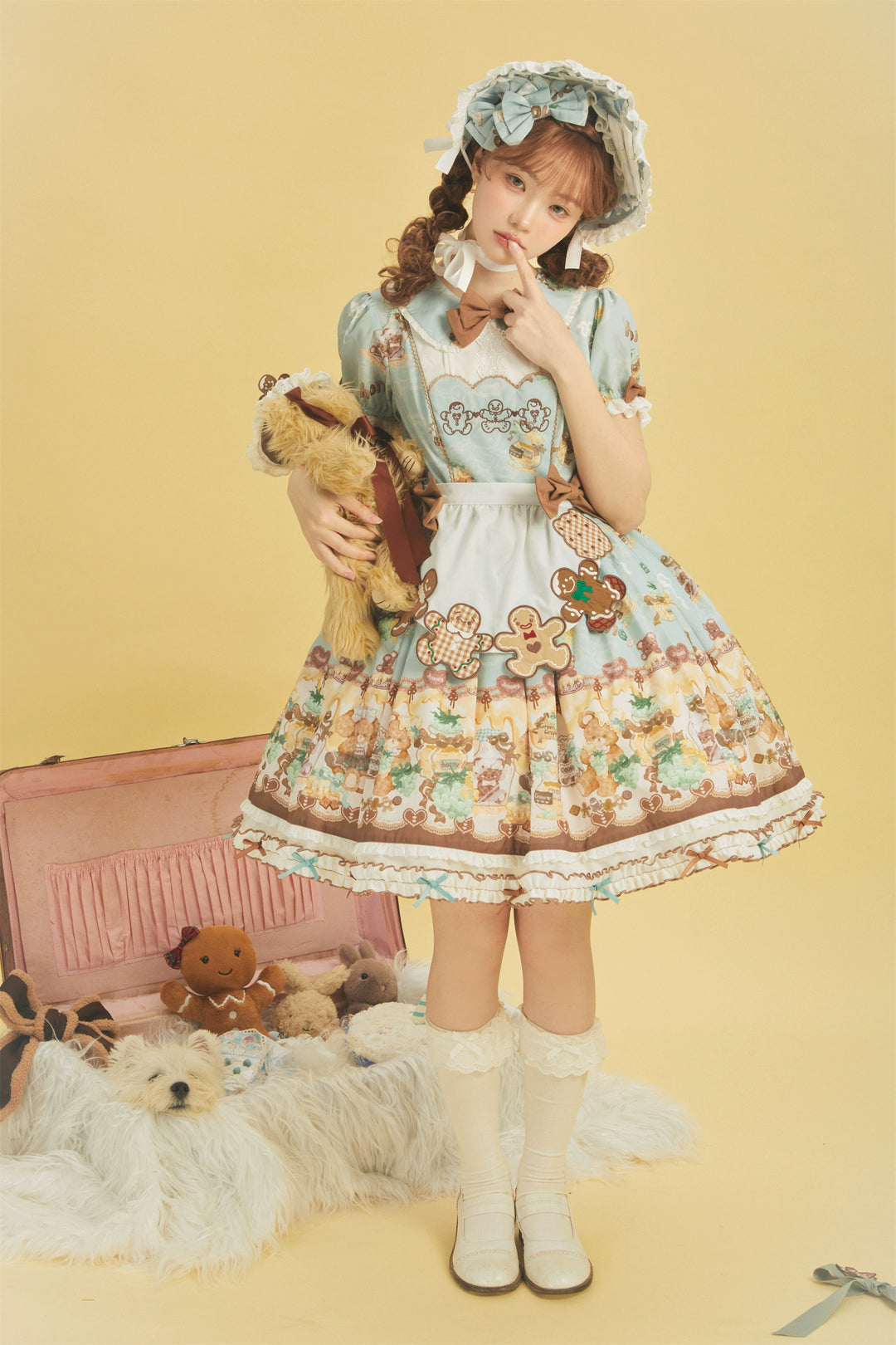 Babyblue~Little Bear Honey Jar~Kawaii Lolita Short Sleeve OP Gingerbread Man Embroidered Dress