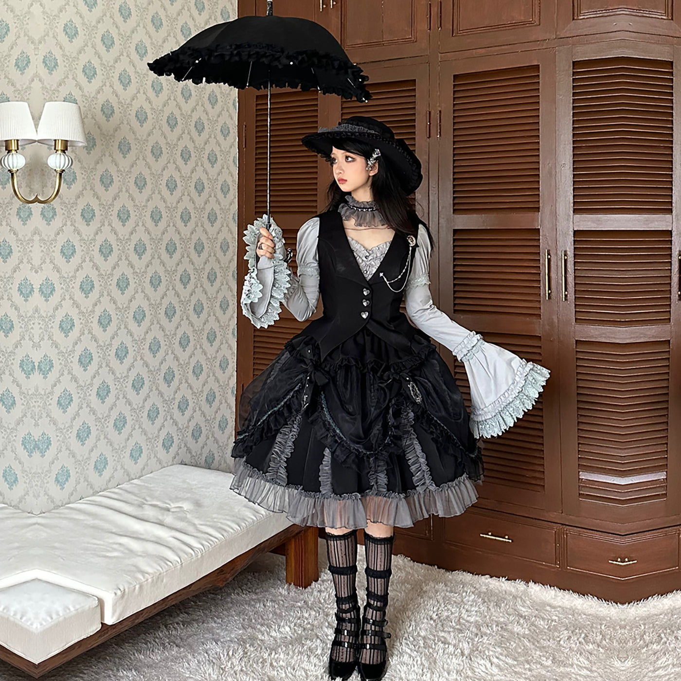(BFM)Elven Rabbit~Gothic Lolita Dress Black Cat Witch OP and SK Suit   