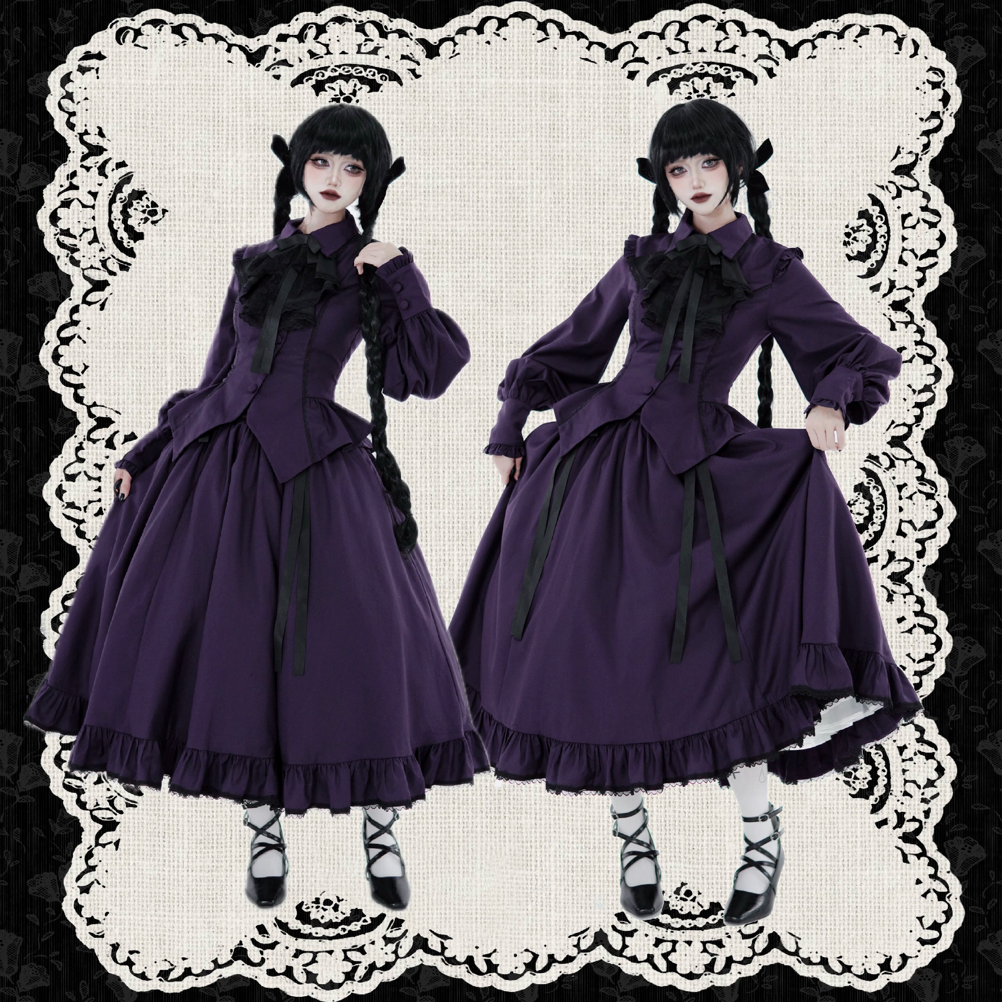 Lyra Nocturne - Gothic Lolita Slanted Placket Shirt Set, Plaid or Striped