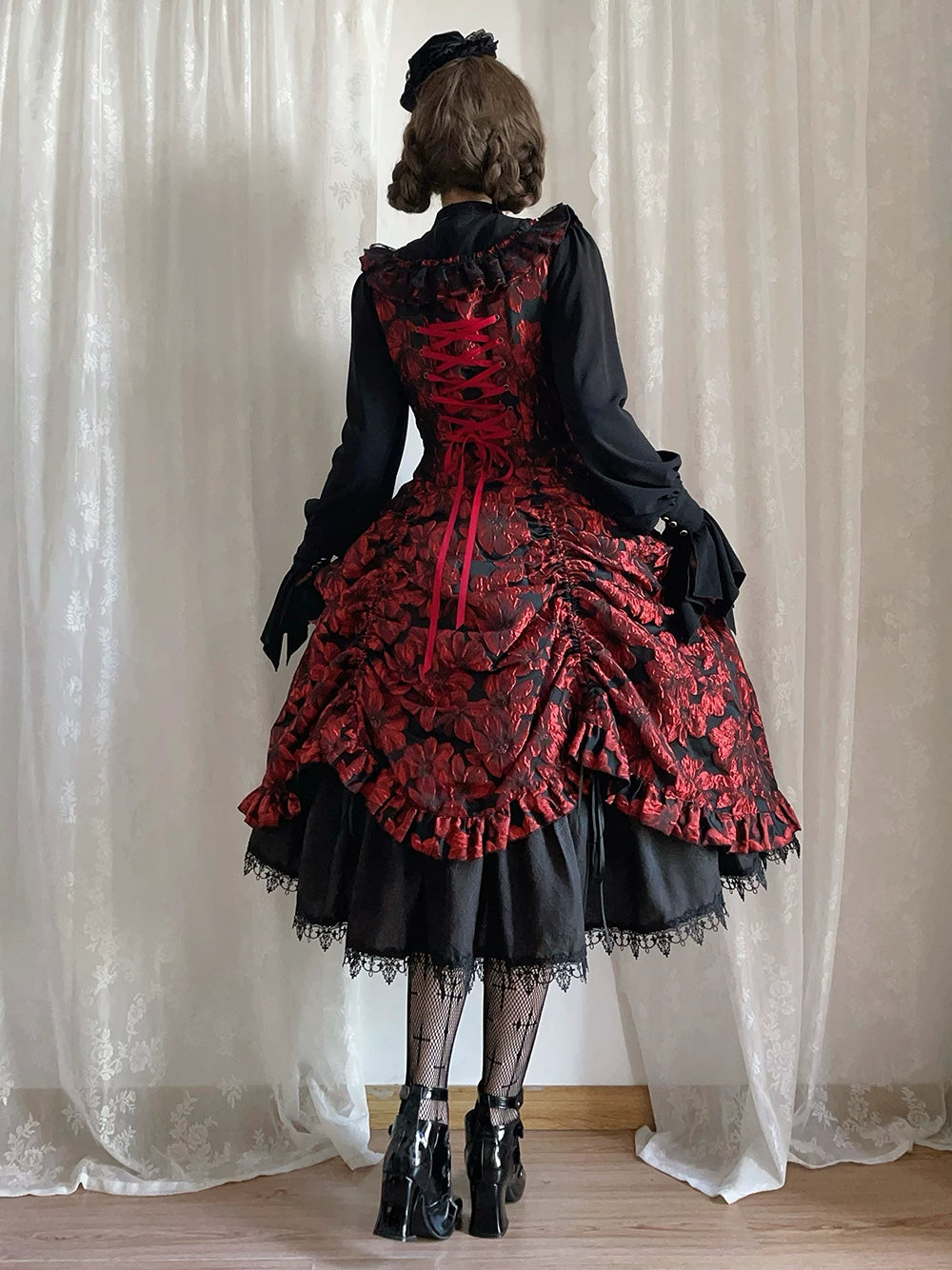 Midnight Lily - Gothic Lolita Lily Jacquard JSK Dress, Drawstring Lift-up Hem 45765:861822
