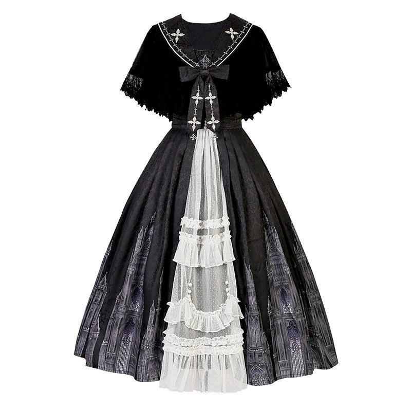 Cornfield Lolita~Silent Church~Gothic Lolita JSK Front Open Printed Dress and Thin Cardigan Set S black JSK dress + black thin cardigan 