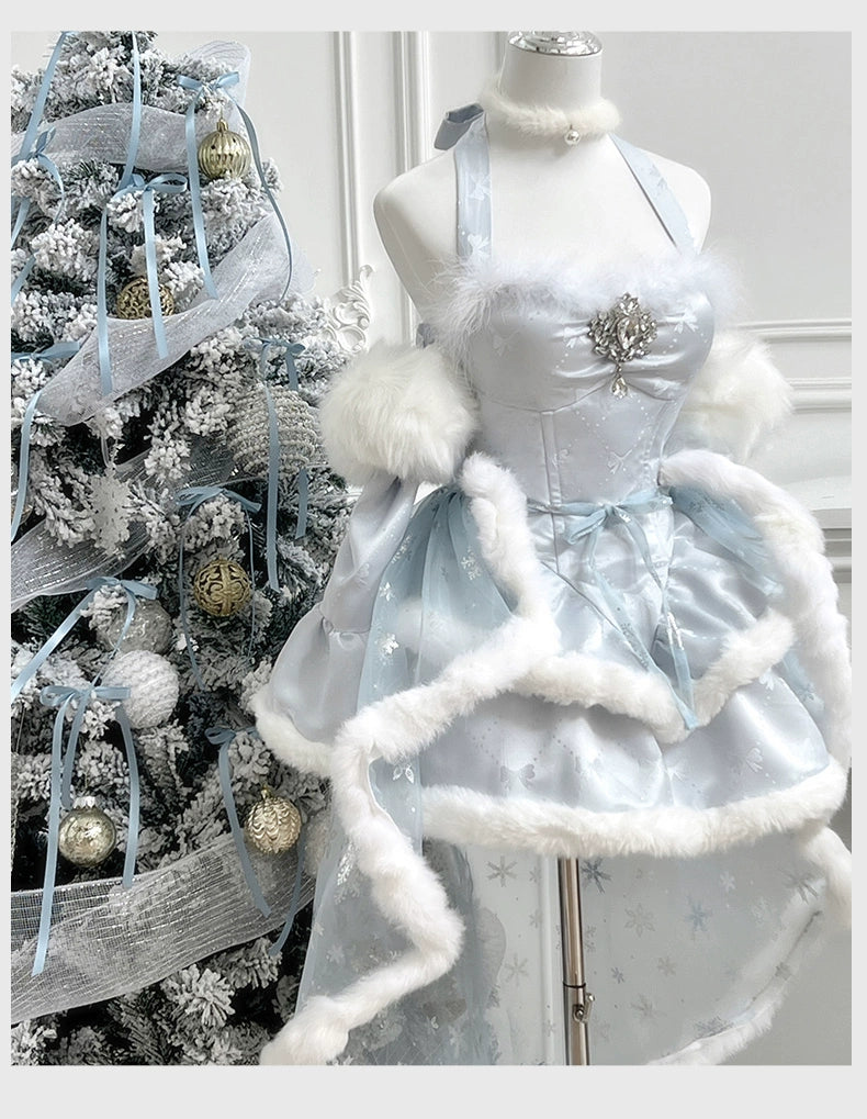 (BFM)Diamond Honey~Snow Country Elf~Elegant Lolita Dress Set with Plush Sparkling Diamonds S blue trailing 