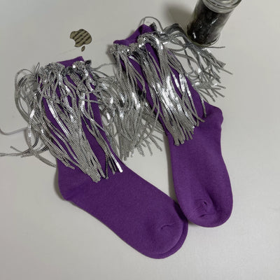 WAGUIR~Retro Lolita Socks Y2K Fringed Lace Mid-tube Socks Purple Free size 