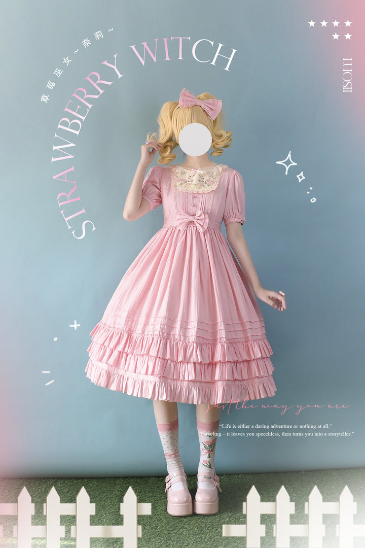 (BFM)Strawberry Witch~Nerry~Sweet Lolita Embroidered OP Dress Multicolors 2XL pink short-sleeved long dress 