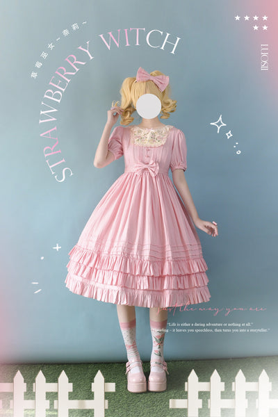 (BFM)Strawberry Witch~Nerry~Sweet Lolita Embroidered OP Dress Multicolors S pink long-sleeved short dress 