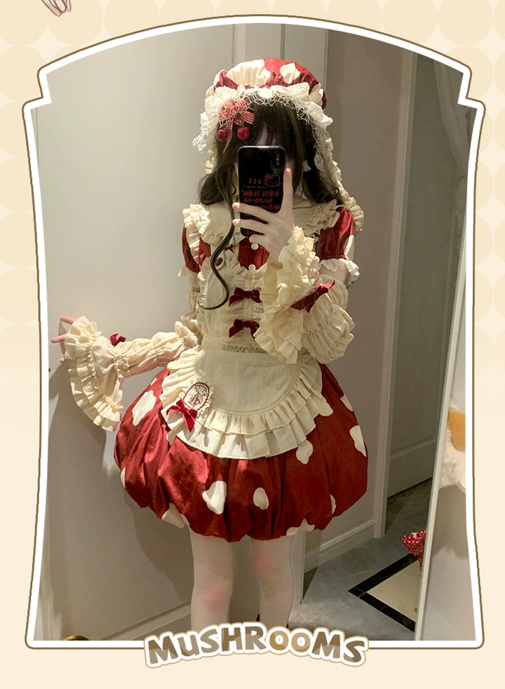 Sakurahime~Mushroom~Kawaii Lolita OP Dress with Apron and Detachable Sleeves