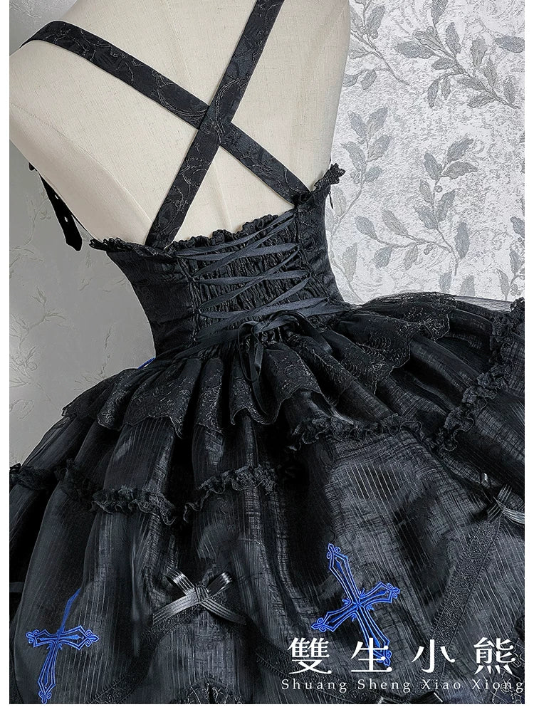 Dark Fog Feast - Gothic Lolita Bust-support Strap Dress, Lace & Cross