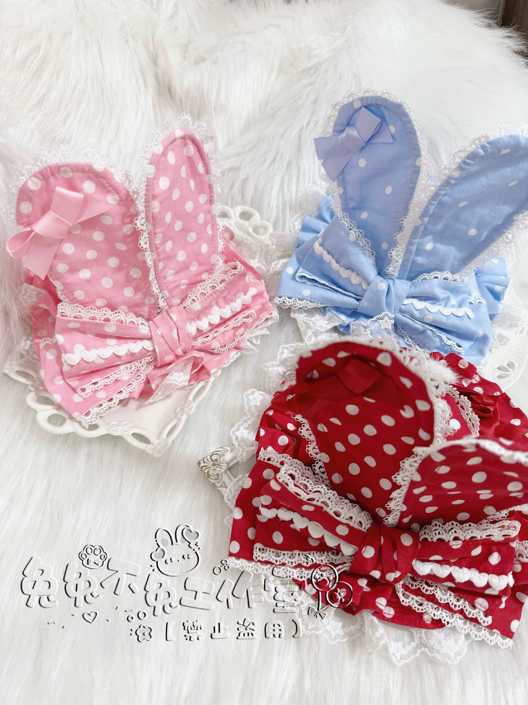 Kawaii Lolita Bunny Ear Hat, Plaid & Polka Dot Styles Pink Polka Dot Hat Only
