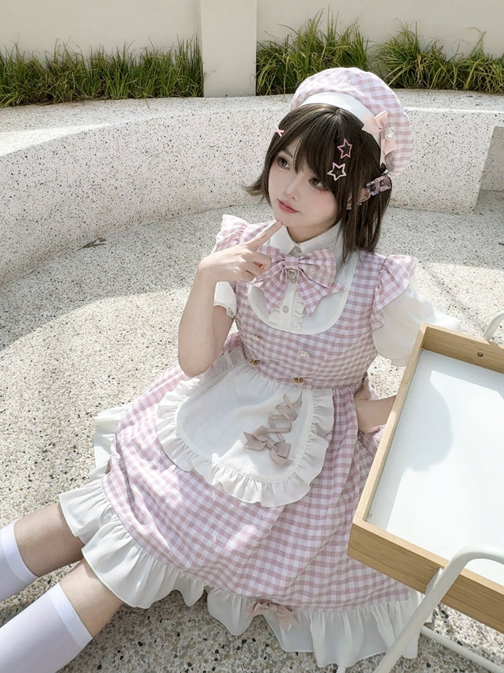 PuppetBombs~Sweet Lolita Dress Pink Plaid Jirai Kei Dress Short Sleeve