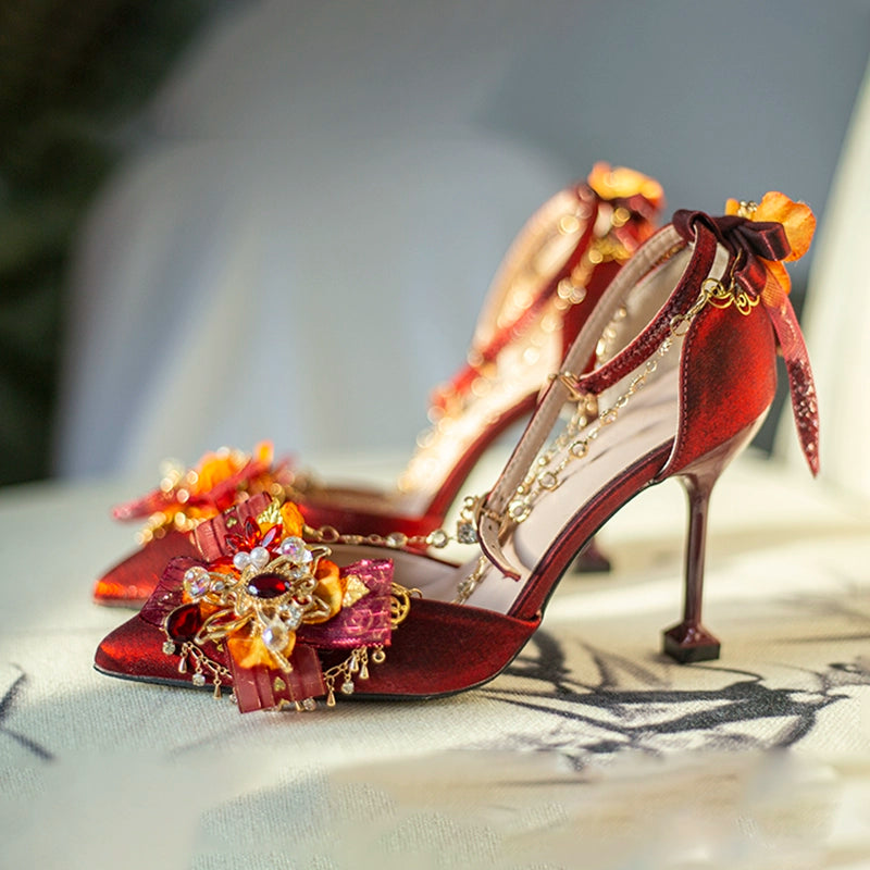 Hexagram~Magpie Fairy~Chinese-style Red Lolita Shoes Pointed-toe Wedding Heels