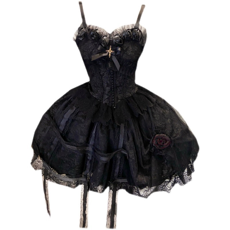 Doujiang - Rose Cage - Gothic Lolita Dress Black Suspender Dress One Size Suspender dress