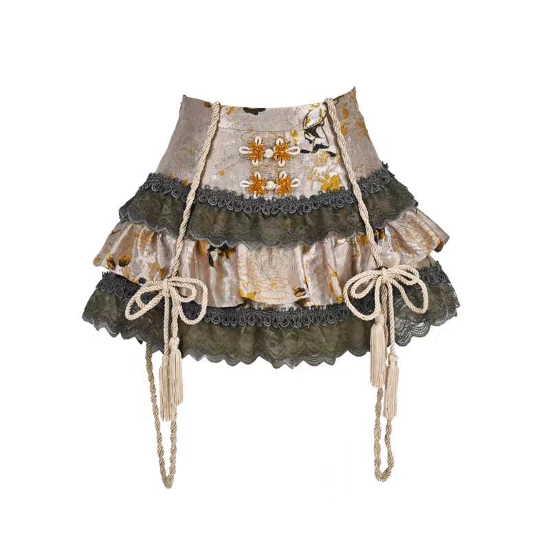 Blood Supply~Spring Dragon Festival~Chinese Style Lolita Tiered Skirt Embossed Cake Skirt cake skirt (with safety shorts) S 