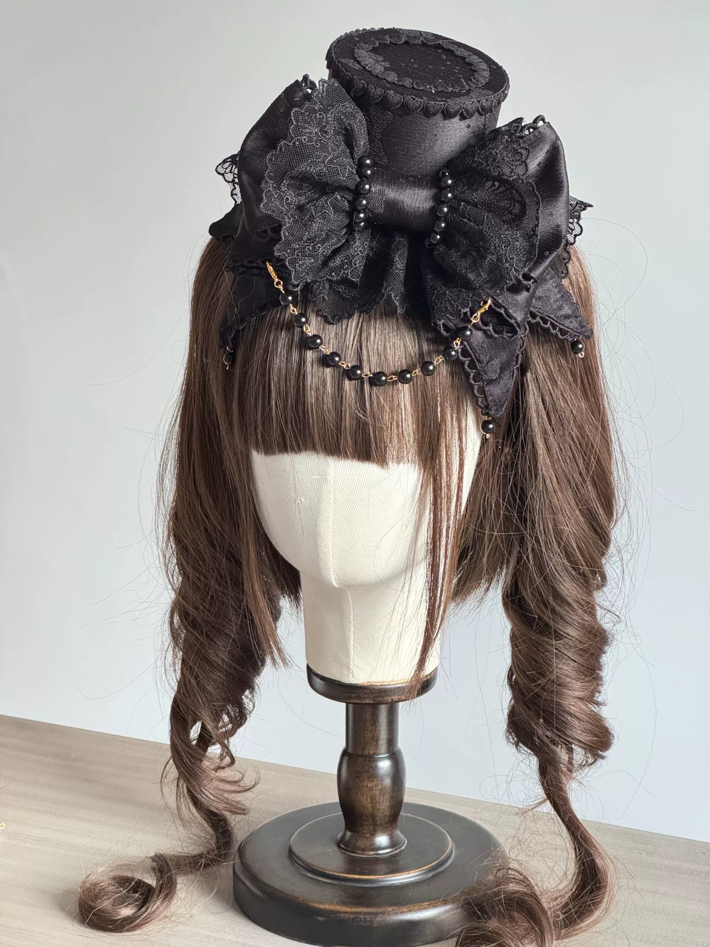 Sweet Lolita Bowknot Top Hat, Lace & Pearl Detail Black - Top Hat