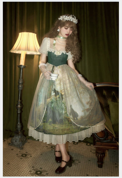 Cyan~Morning of Pine Forest~Elegant Lolita Cyan Bear Print OP   