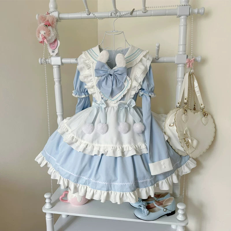 Sweet Bunny Pom-pom - Maid Lolita Bunny Ear Collar OP Dress, Detachable Apron Blue - (Short Sleeve OP + Apron) S