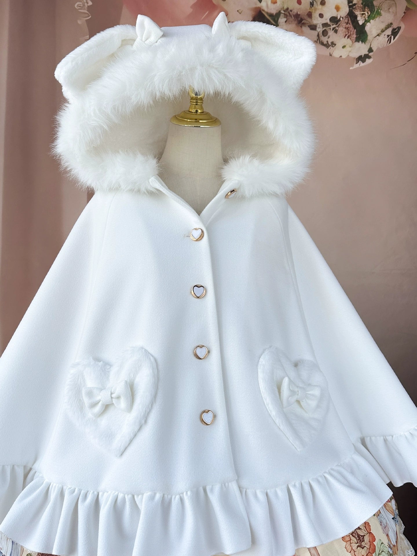 ZhiJinYuan - Winter Kawaii Lolita Cape with Bunny Ear Hood White cape only One Size