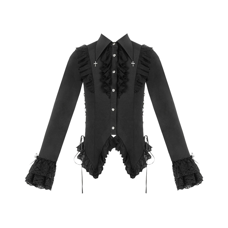 With PUJI - Black White Gothic Lolita Blouse, Waist Lace-Up