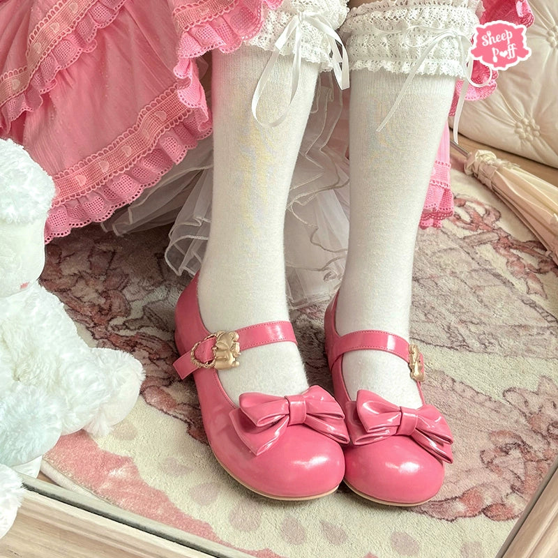 Sheep Puff~Huggie Bear~Kawaii Lolita Low Heel Shoes with Round Toe & Bow 43012:761867