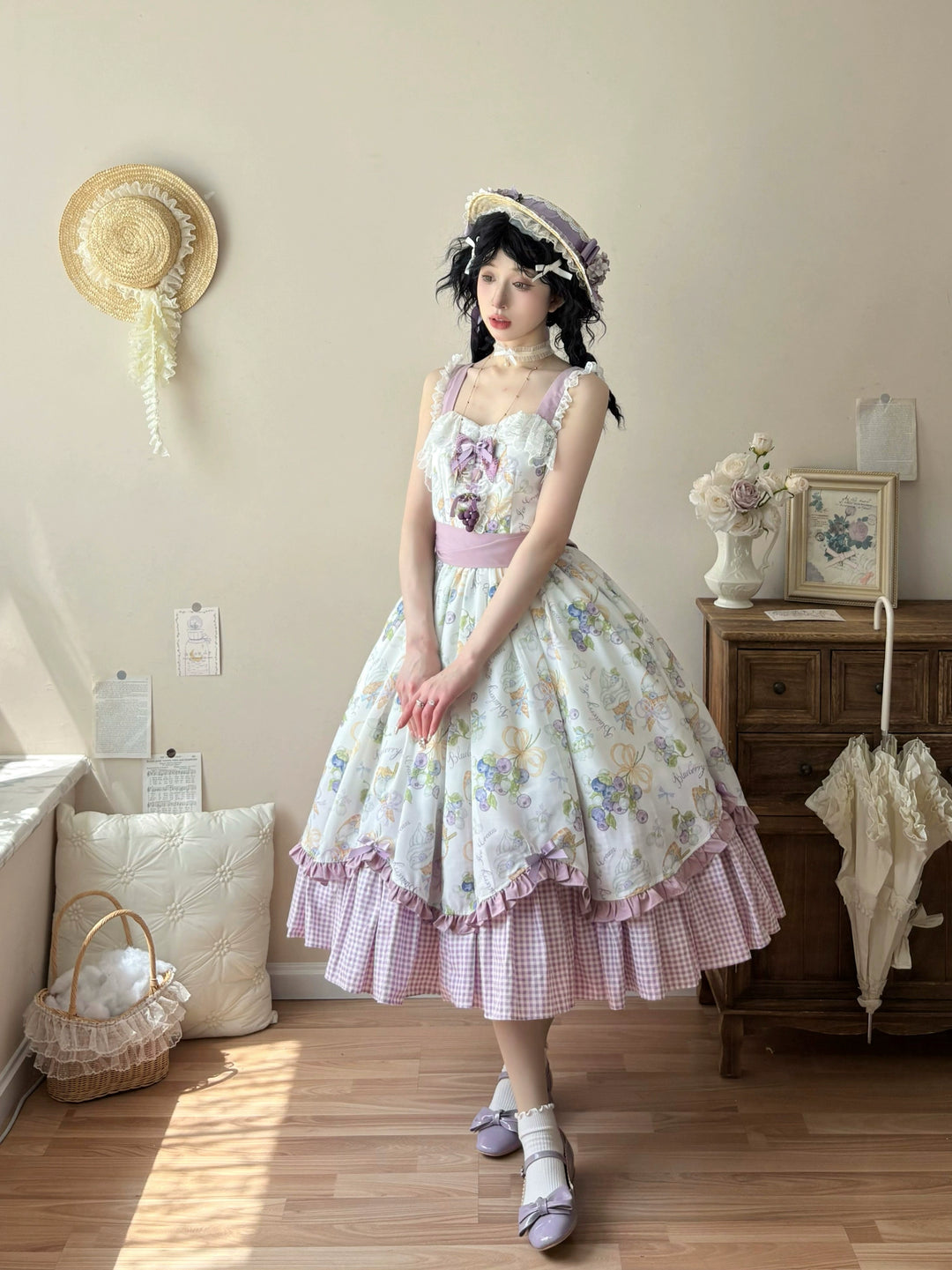 Qianmu~Blueberry Summer~Classic Lolita JSK Dress with Large Hem and Cotton Lining