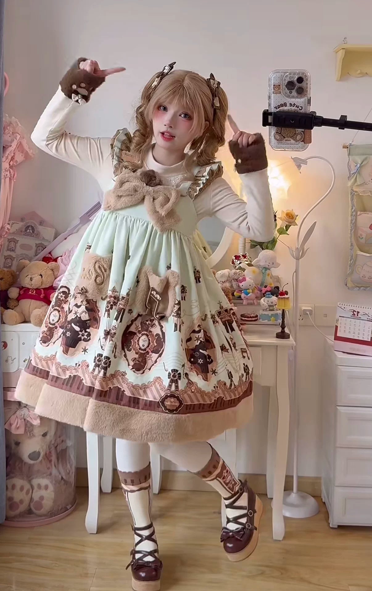 Cream Bear - Print Kawaii Lolita Fake Two-Piece OP, A-lined JSK Dress 44502:811667