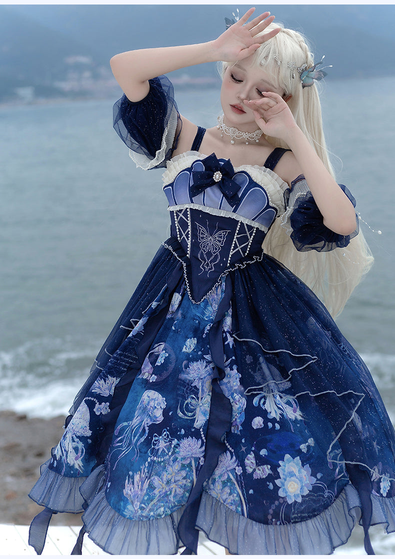 YingLuoFu~Original Elegant Lolita Blue Lolita JSK FS(JSK+hand sleeve+necklace) S 