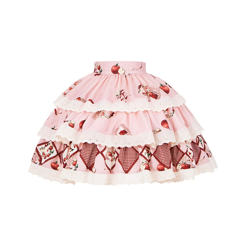 With PUJI - Apple Orchard - Country Lolita SK Embroidered Twins Lolita Top Skirt Pink Short Skirt only L