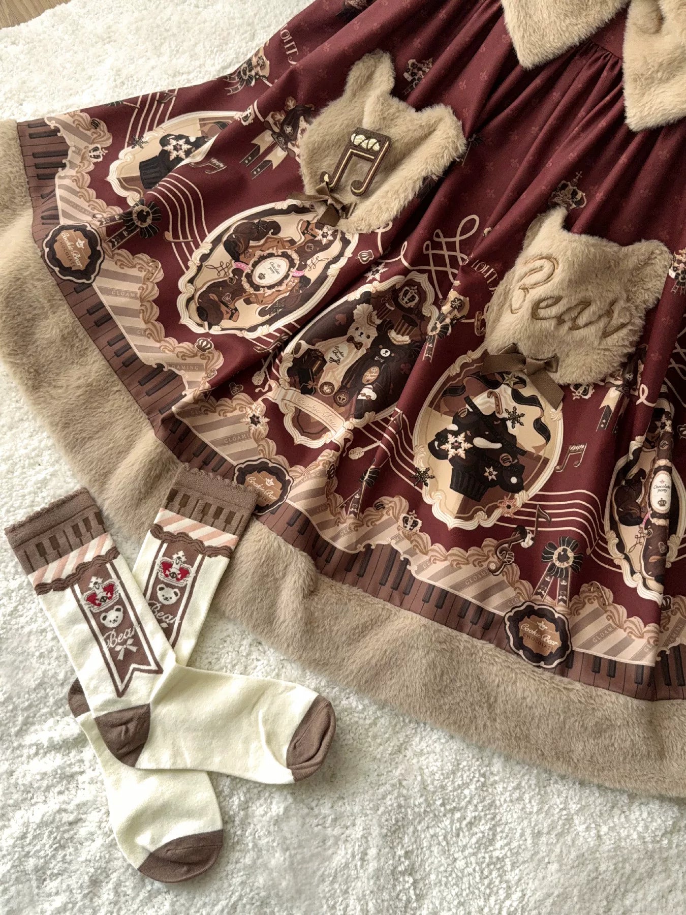 Cream Bear - Print Kawaii Lolita Fake Two-Piece OP, A-lined JSK Dress 44502:811660