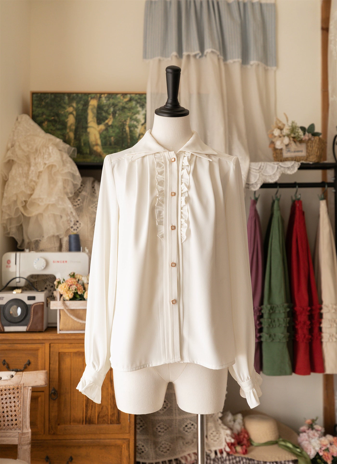 Forest Wardrobe~Forest Basket~Elegant Lolita Shirt Retro Dual Collar Versatile Shirt S White 