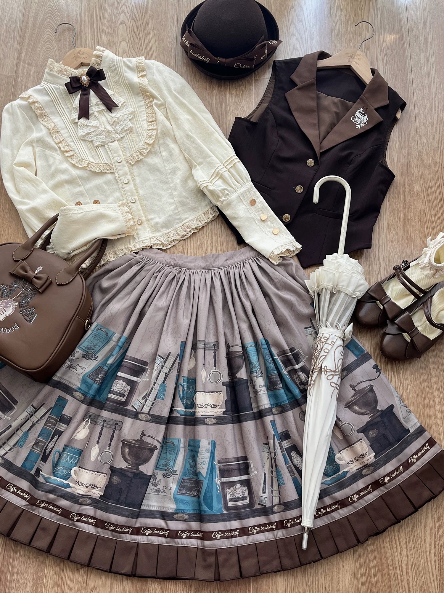 Coffee Bookshelf - Classic Lolita JSK and SK Set, Coffee Cup and Book Print 45611:856223