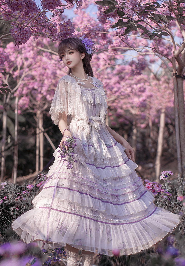 Avenue Denfer~Floral Veil~Elegant Lolita JSK Suit Floral Print Dress and Tulle Shawl