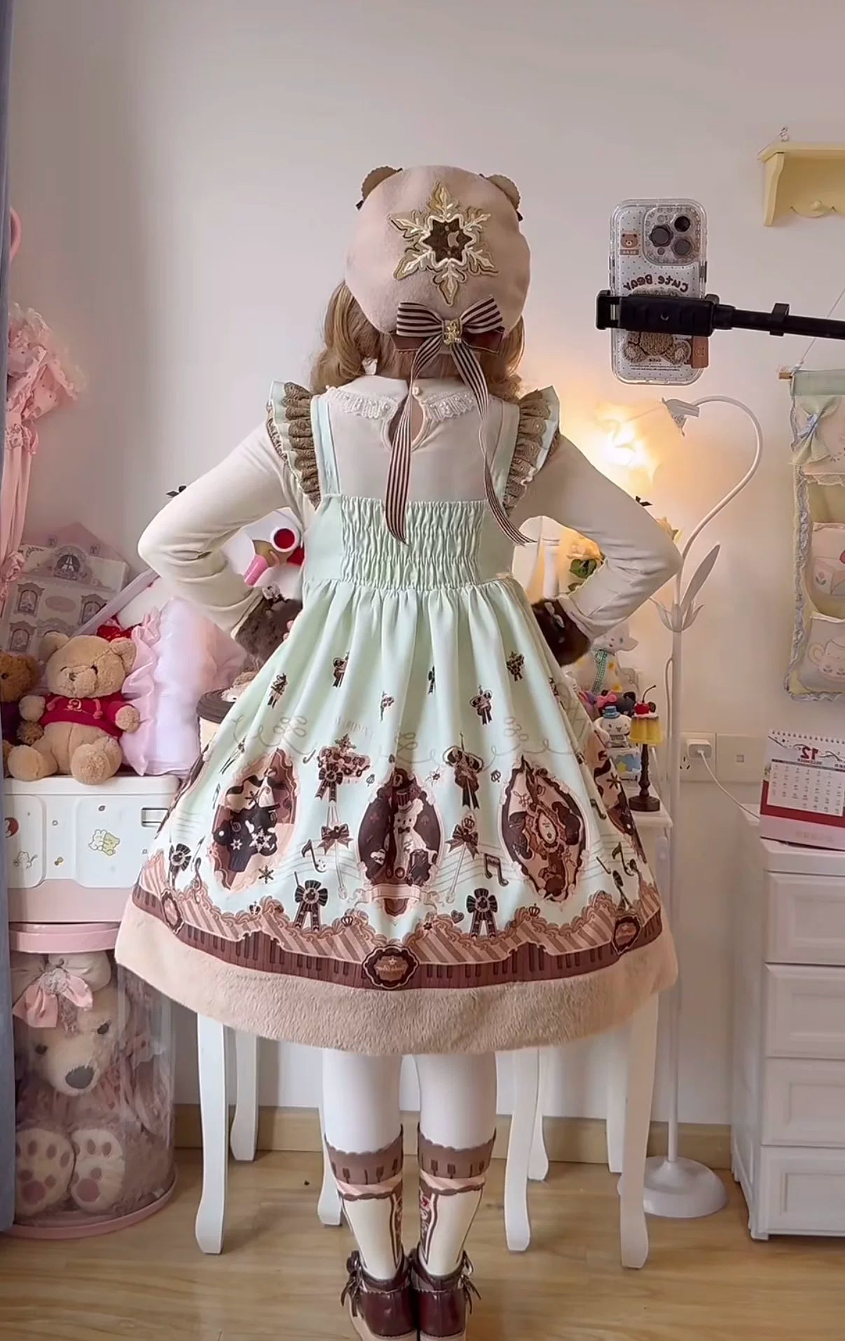 Cream Bear - Print Kawaii Lolita Fake Two-Piece OP, A-lined JSK Dress 44502:811654
