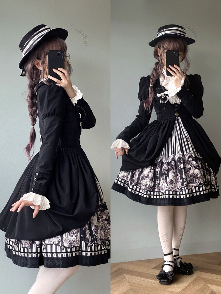 (Buyforme)Little Bear~Gothic Lolita Black and White Striped JSK Set   