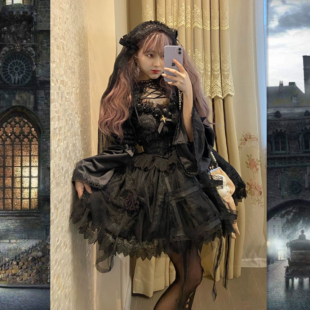 Doujiang~Rose Cage~Gothic Lolita Dress Black Suspender Dress   