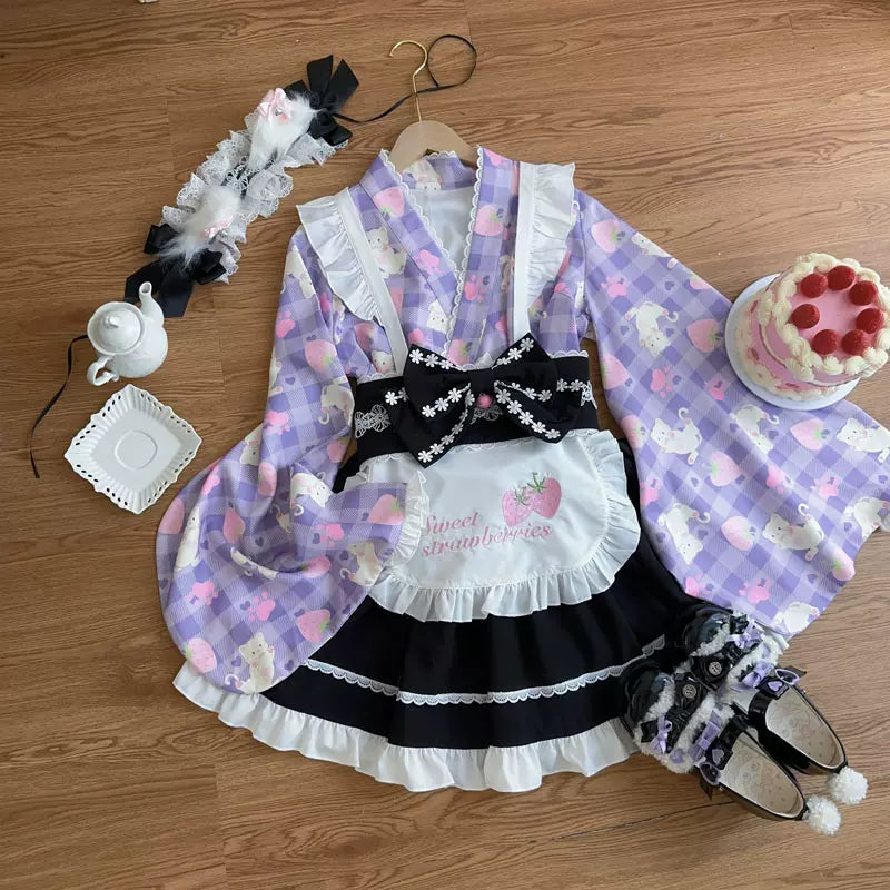 Hanguliang~Han Lolita OP Dress Japanese Style Dress for Summer Wear Purple (top + skirt + apron + waistband bow + cardboard box) S 