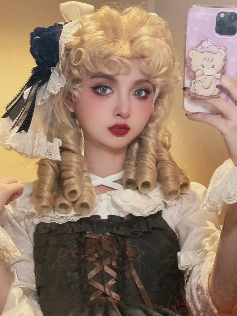 Mabuxi~Elizabeth~Light Gold Doll Lolita Wig Kawaii Roman Curls Ponytail