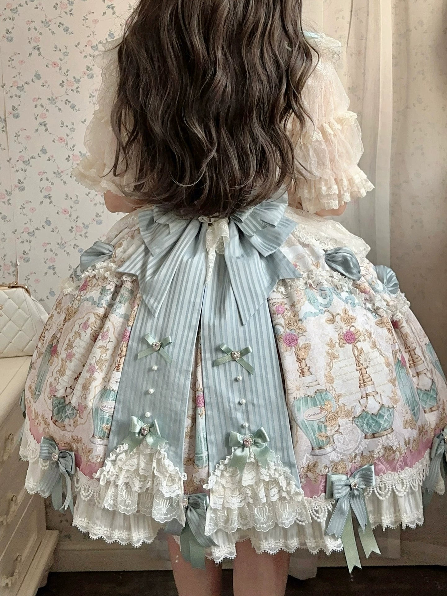 Antique Gem Fragrance - Gorgeous Classic Lolita Dress Set, Floral and Bottle Print 45483:851750
