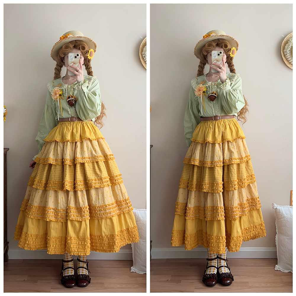 Miss Point~Garden Sunflower~Country Lolita SK Patchwork Tiered-Ruffles Skirt