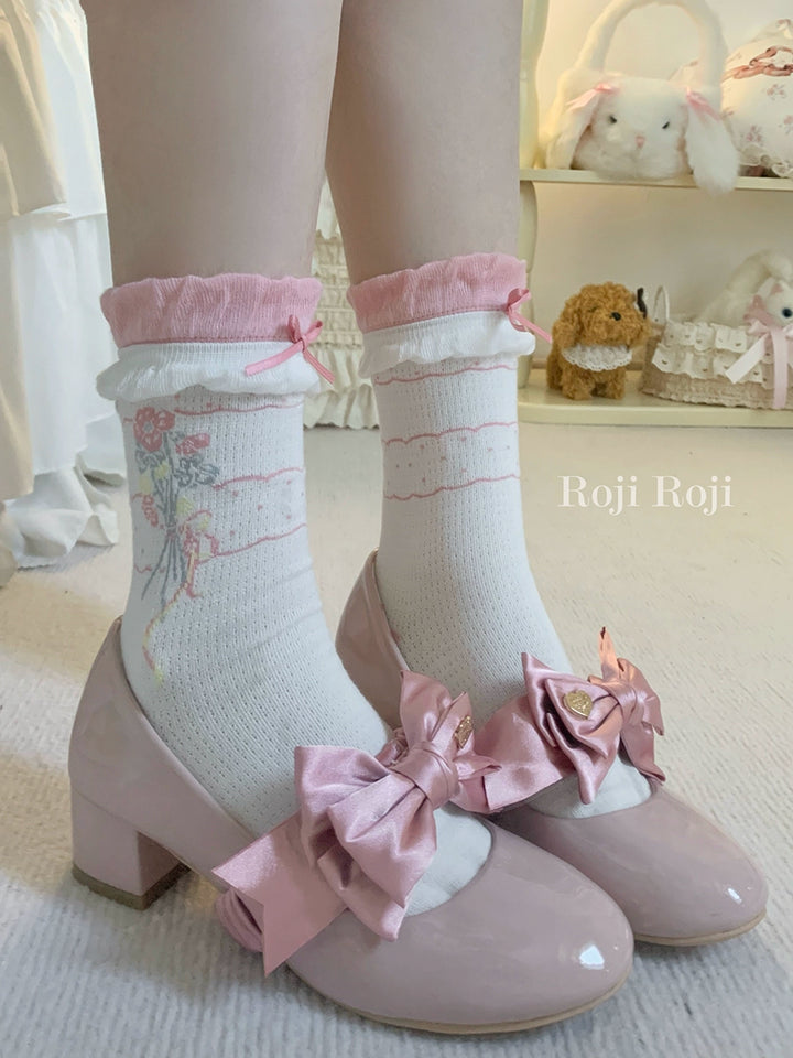 Roji Roji~Spring Floral~Sweet Cotton Lolita Ankle Socks One size fits all Pink 