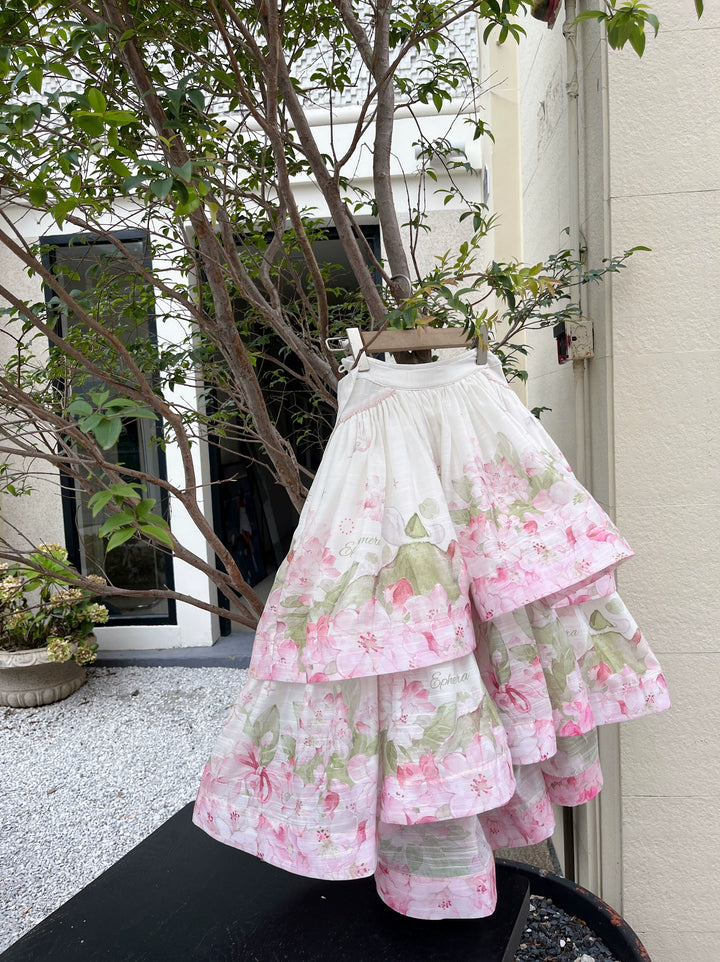 KISS Deer~Alpine Rhododendron~Sweet Lolita Skirt Set Pink Green Floral Lolita Dress XS Double-layer SK 