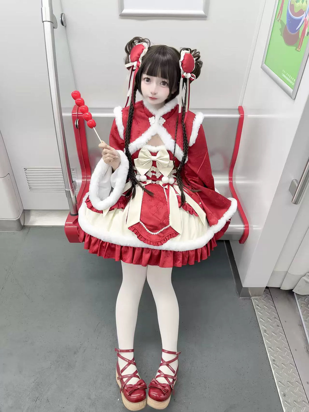 Sugar Girl~Taomian Meiyi~Winter Qi Lolita JSK Suit New Year Lolita Dress Red JSK + Bolero + Red Hair Clips S