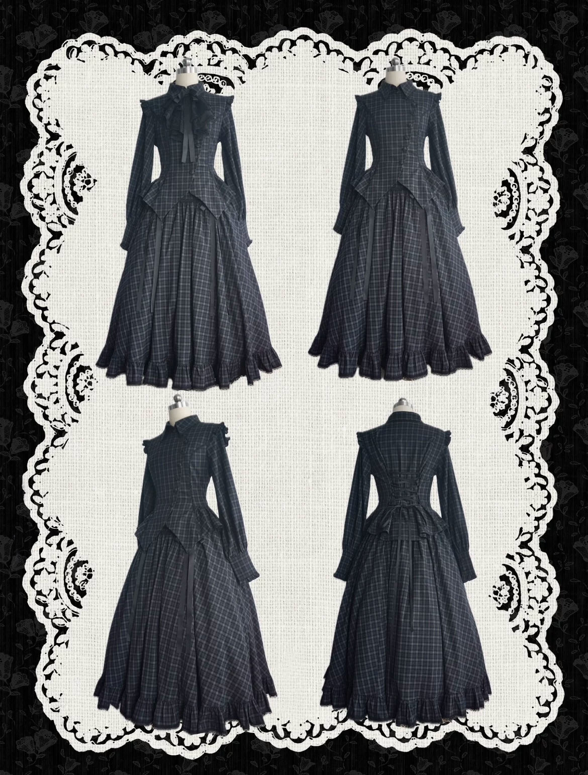 Lyra Nocturne - Gothic Lolita Slanted Placket Shirt Set, Plaid or Striped